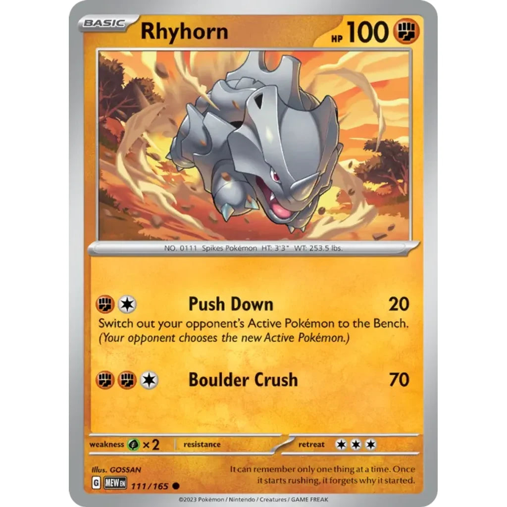 Rhyhorn 111/165 Common 151 Pokemon Near Mint (NM) przód