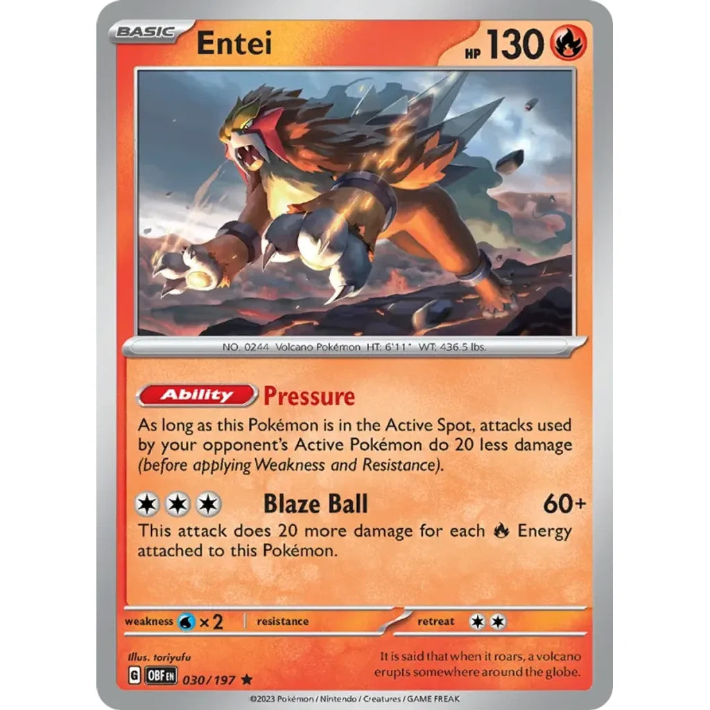 Entei 030/197 Rare Obsidian Flames Pokemon Holo Near Mint (NM) przód