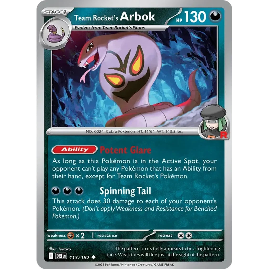 Team Rocket's Arbok 113/182 Uncommon Destined Rivals Pokemon Lightly Played (LP) przód