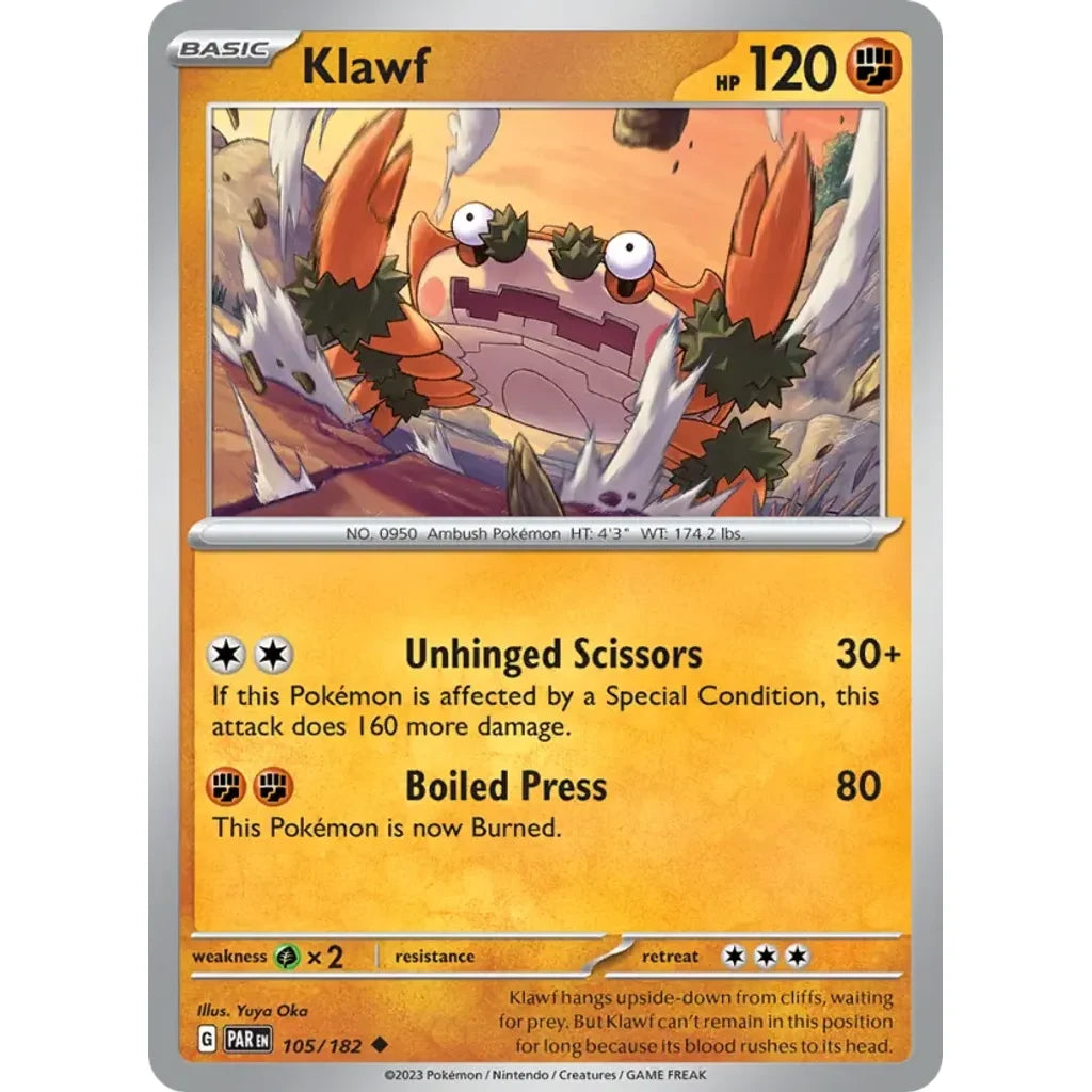 Klawf 105/182 Uncommon Paradox Rift Pokemon Near Mint (NM) przód