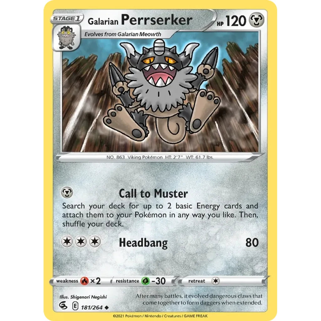 Galarian Perrserker 181/264 Uncommon Fusion Strike Pokemon Lightly Played (LP) przód