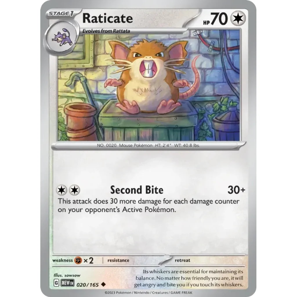 Raticate 020/165 Uncommon 151 Pokemon Near Mint (NM) przód