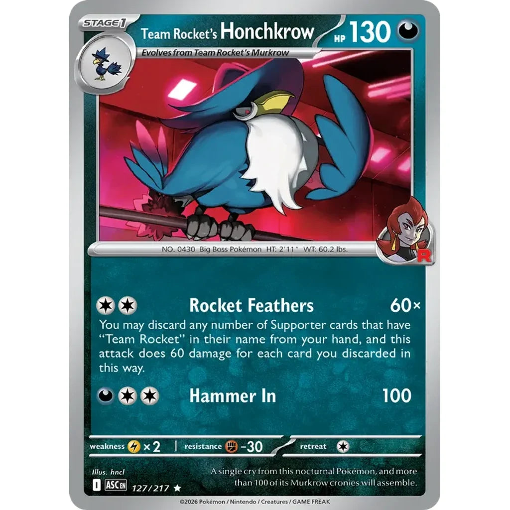 Team Rocket's Honchkrow 127/217 Rare ME: Ascended Heroes Pokemon Holo Lightly Played (LP) przód