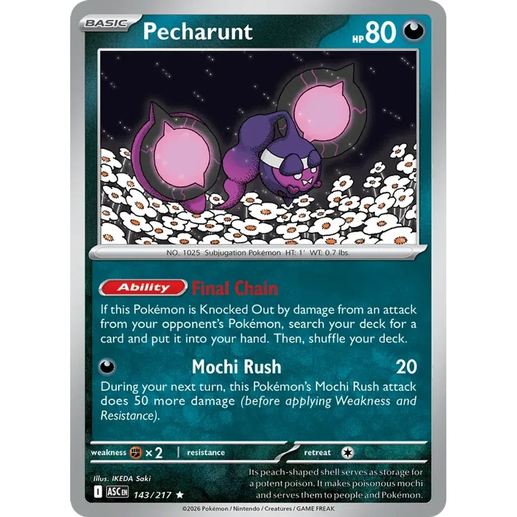 Pecharunt 143/217 Rare ME: Ascended Heroes Pokemon Holo Near Mint (NM) przód