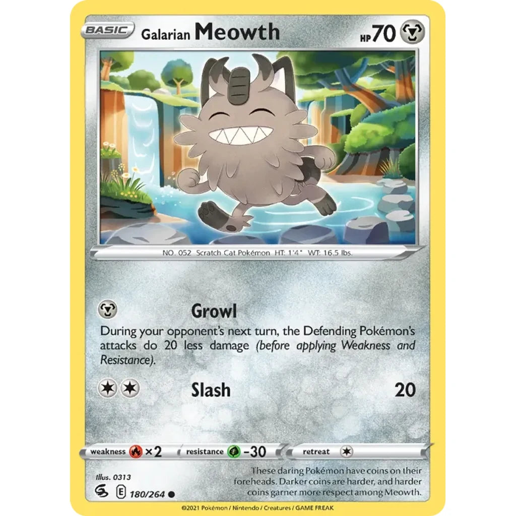 Galarian Meowth 180/264 Common Fusion Strike Pokemon Lightly Played (LP) przód