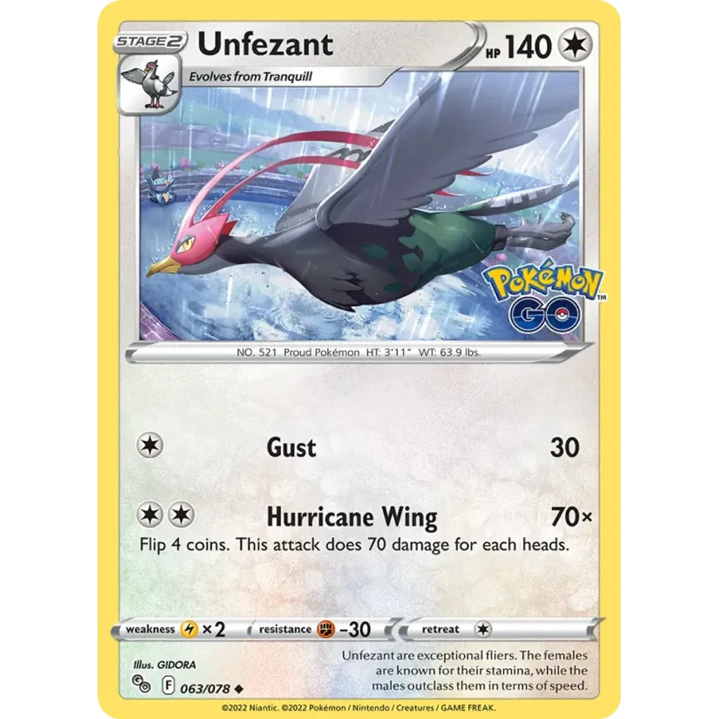 Unfezant 063/078 Uncommon Pokemon GO Pokemon Lightly Played (LP) przód
