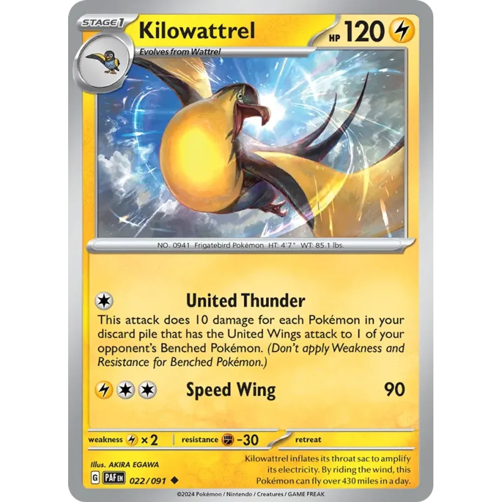 Kilowattrel 022/091 Uncommon Paldean Fates Pokemon Reverse Holo Lightly Played (LP) przód