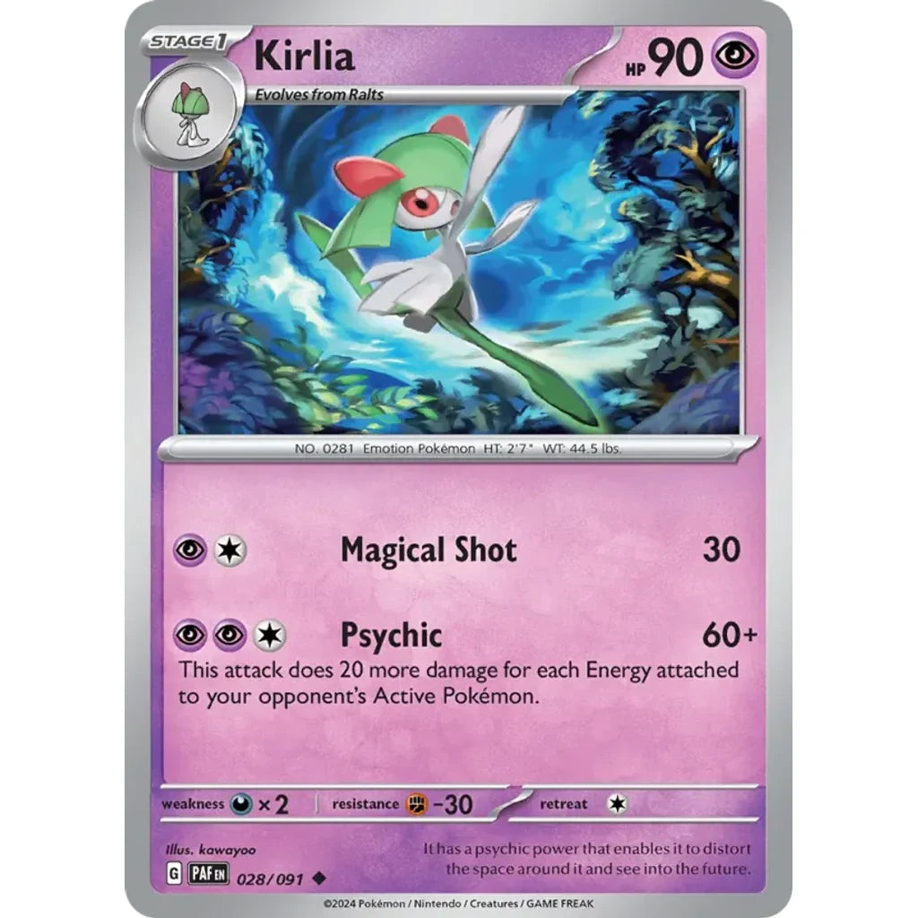 Kirlia 028/091 Uncommon Paldean Fates Pokemon Lightly Played (LP) przód