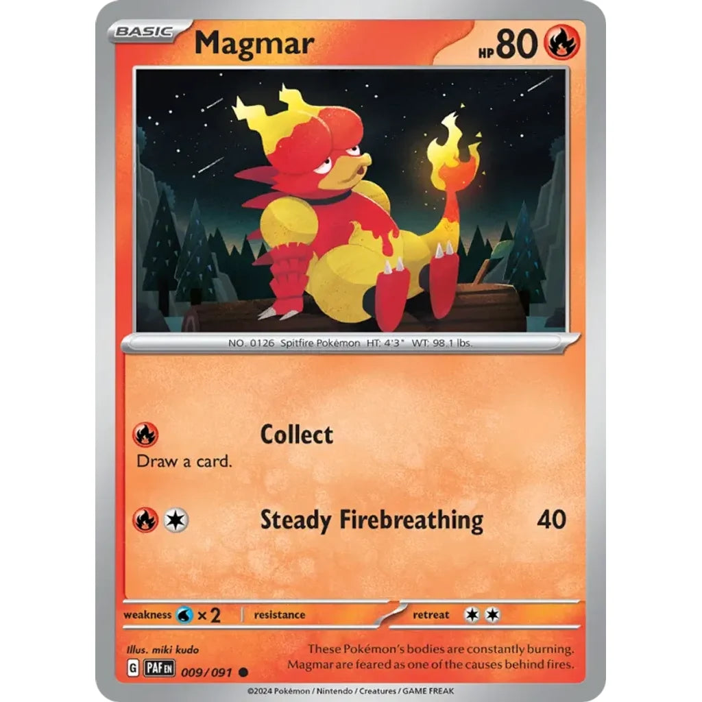 Magmar 009/091 Common Paldean Fates Pokemon Reverse Holo Lightly Played (LP) przód