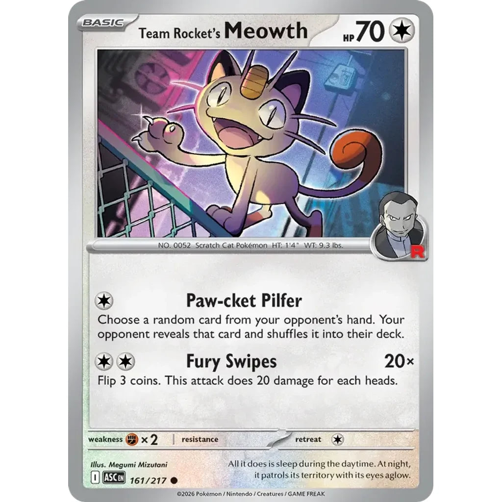 Team Rocket's Meowth (Team Rocket) 161/217 Holo ME: Ascended Heroes Pokemon Reverse Holo Near Mint (NM) przód