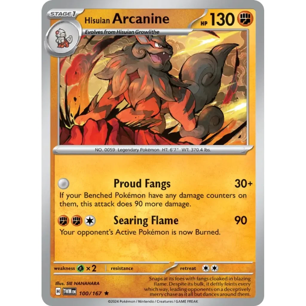 Hisuian Arcanine 100/167 Rare Twilight Masquerade Pokemon Holo Near Mint (NM) przód