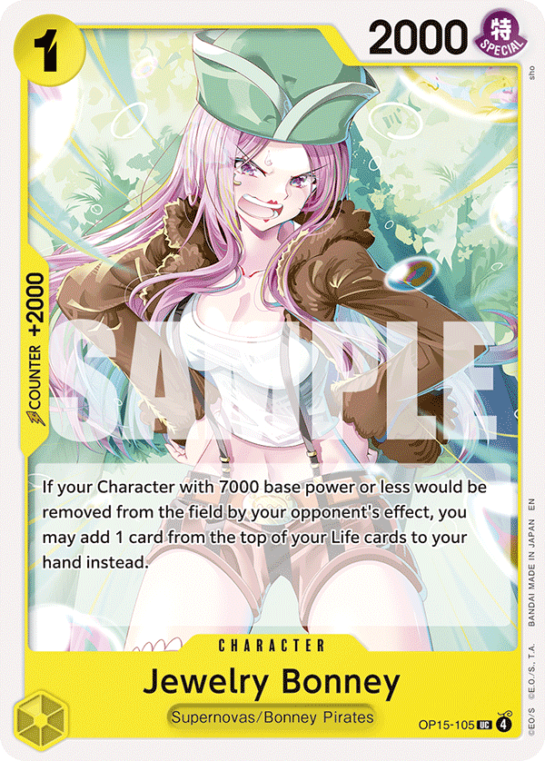 Jewelry Bonney OP15-105 Uncommon Adventure on Kami's Island One Piece Near Mint (NM) przód