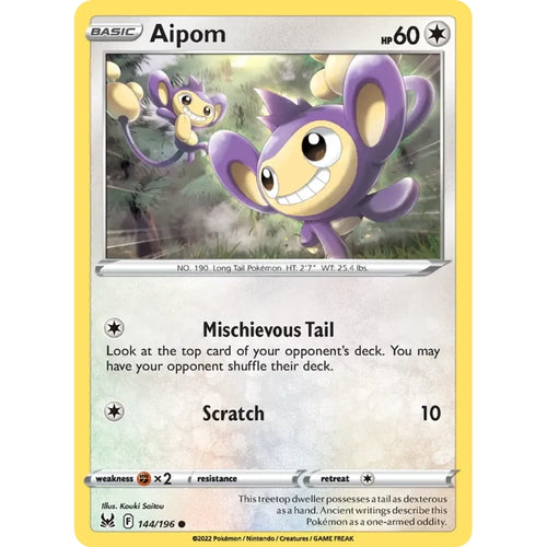 Aipom 144/196 Common Lost Origin Pokemon Near Mint (NM) przód