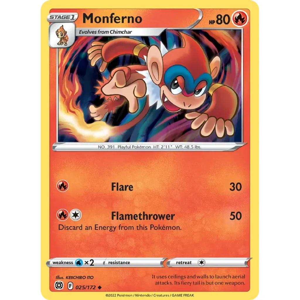 Monferno 025/172 Uncommon Brilliant Stars Pokemon Lightly Played (LP) przód