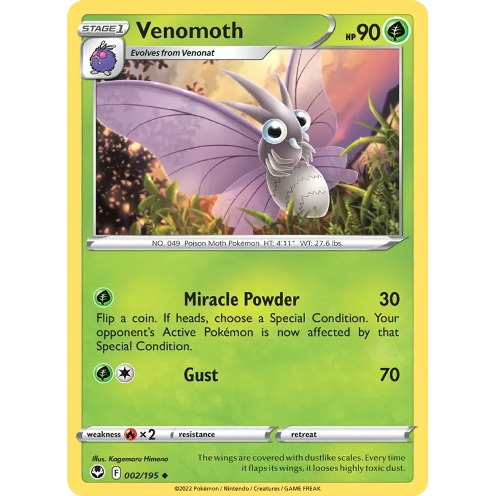 Venomoth 002/195 Uncommon Silver Tempest Pokemon Reverse Holo Near Mint (NM) przód