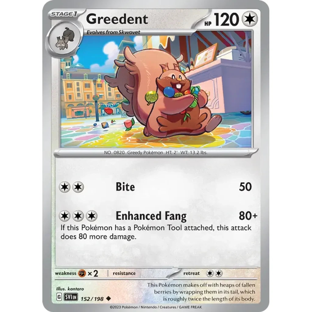 Greedent 152/198 Uncommon Scarlet &amp; Violet Pokemon Reverse Holo Near Mint (NM) przód