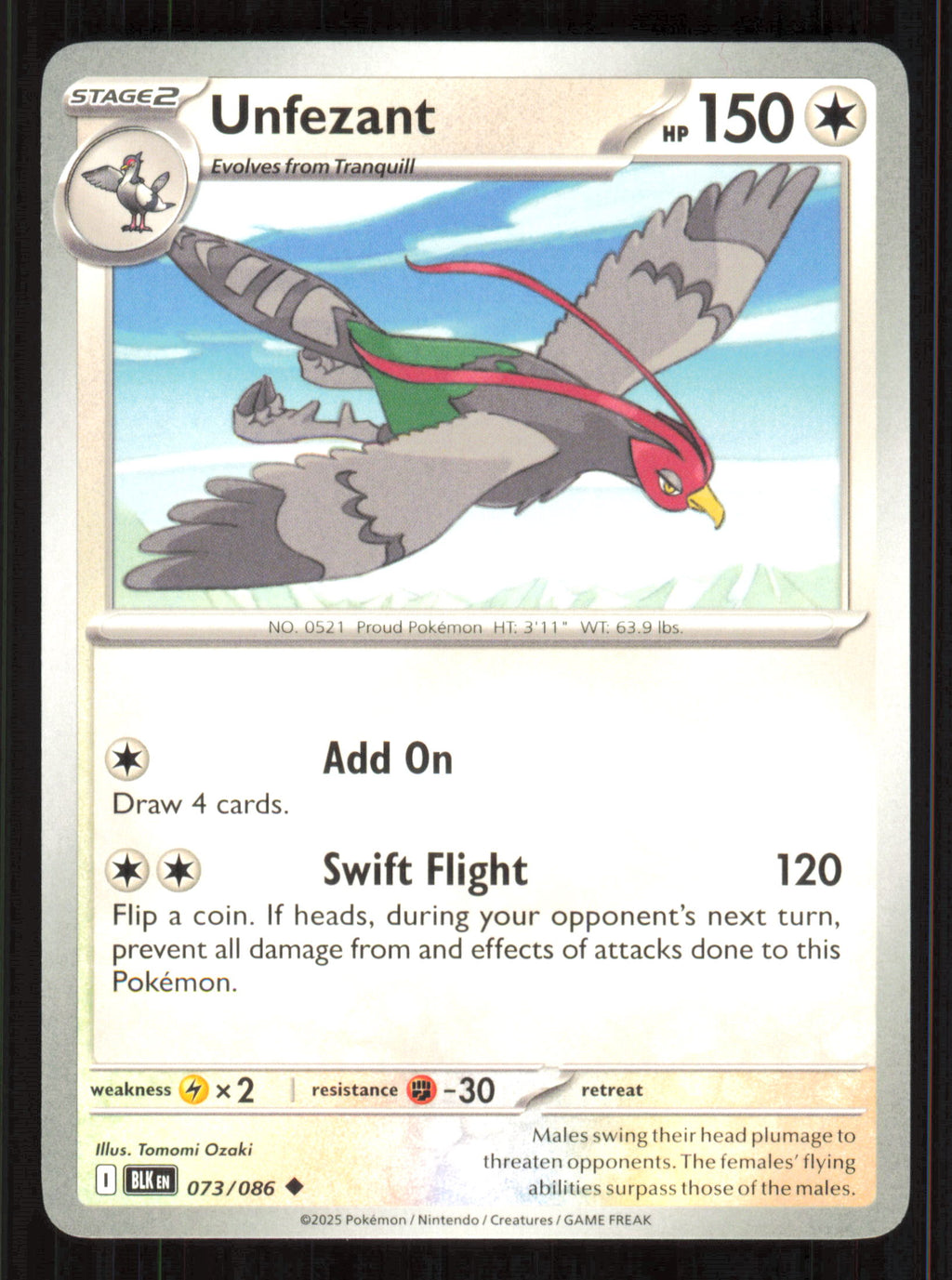 Unfezant Uncommon SV: Black Bolt 073/086 Near Mint (NM) — przód