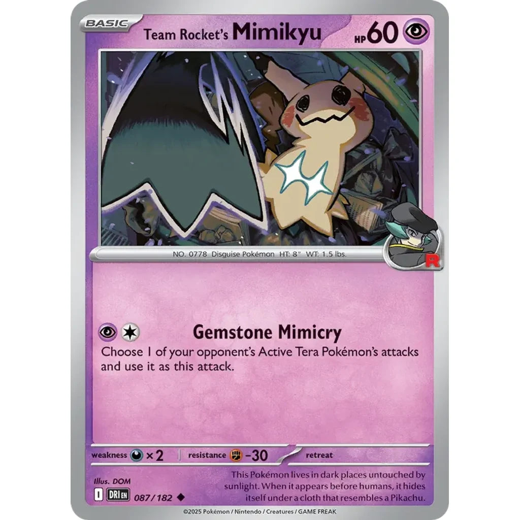 Team Rocket's Mimikyu 087/182 Uncommon Destined Rivals Pokemon Reverse Holo Lightly Played (LP) przód