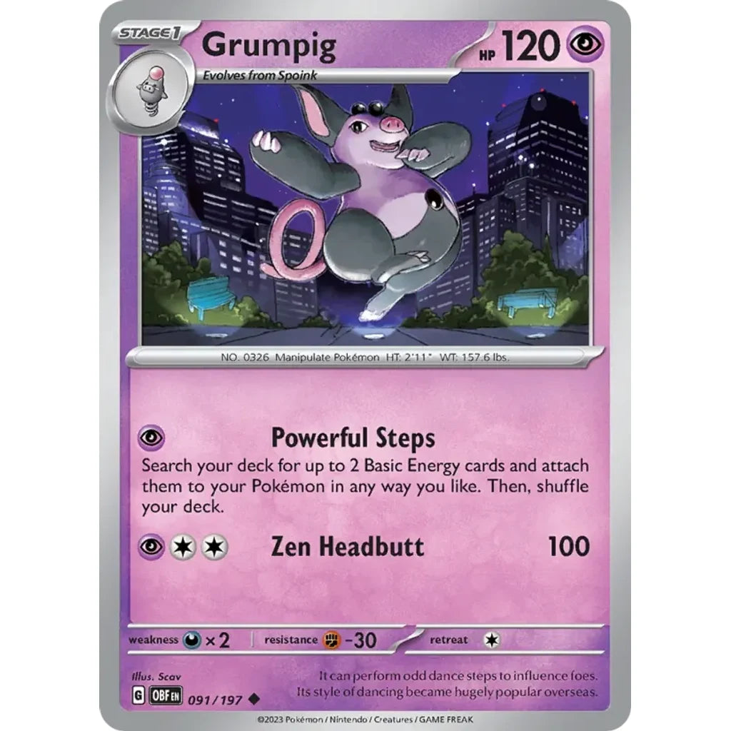 Grumpig 091/197 Uncommon Obsidian Flames Pokemon Near Mint (NM) przód