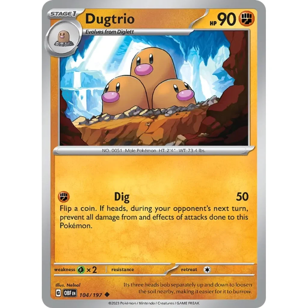 Dugtrio 104/197 Uncommon Obsidian Flames Pokemon Near Mint (NM) przód
