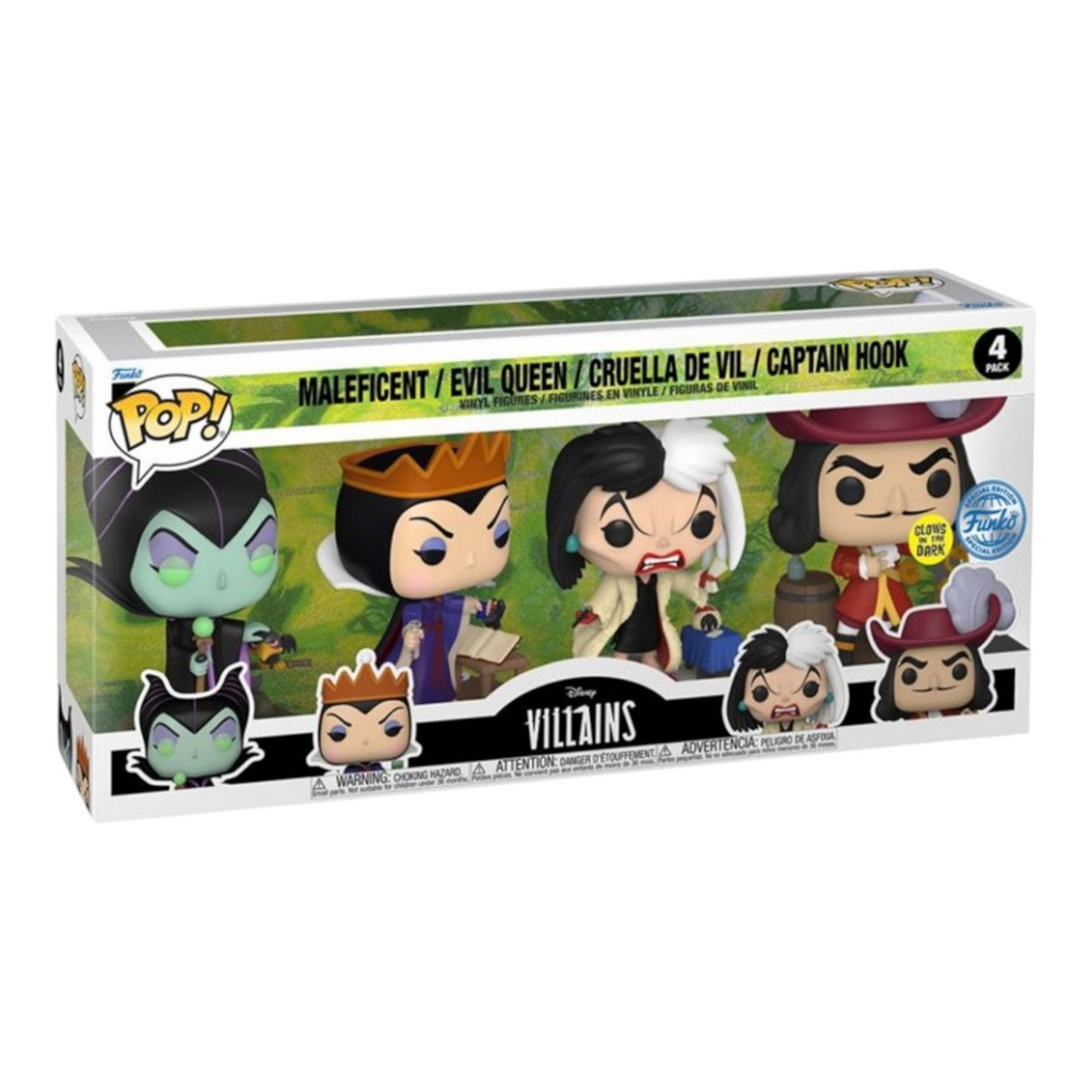 Funko POP! Evil Queen, Captain Hook, Cruella de Vil, Maleficent (Glow In The Dark)(EU)(Exclusive) POP! Disney: Villains by Funko (Pack 4)